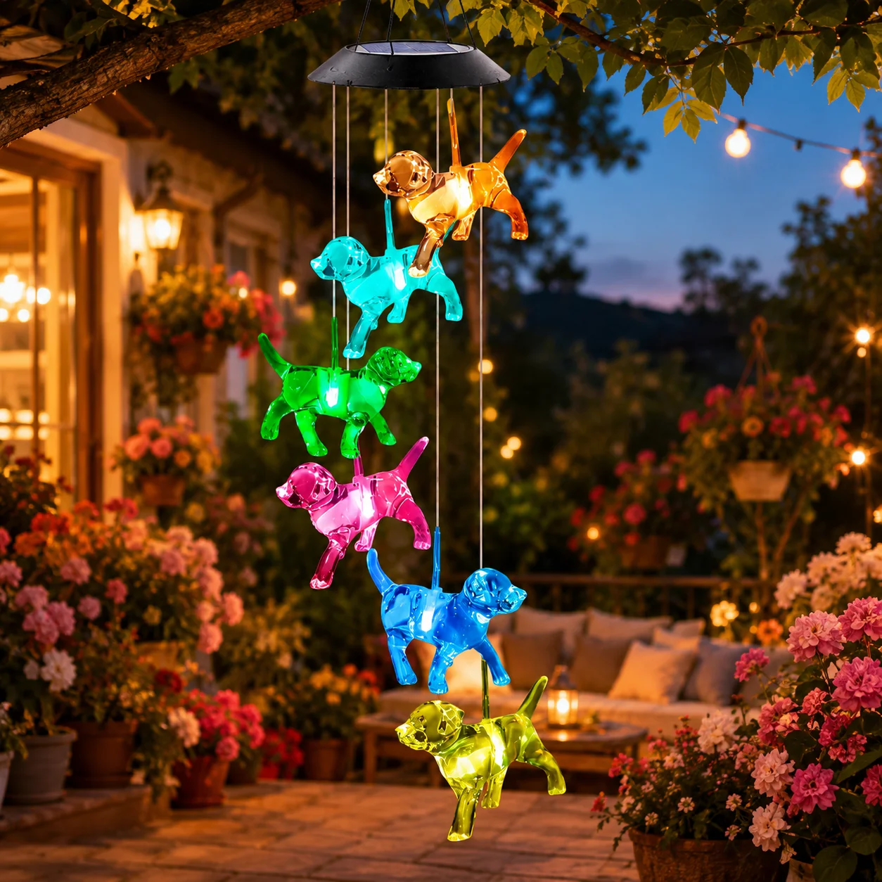 Solar Garden Lights Dog Wind Chime LED Hanging Light Solar Powered Outdoor Decor for Patio Yard Balcony Pet Lover Christmas Gift