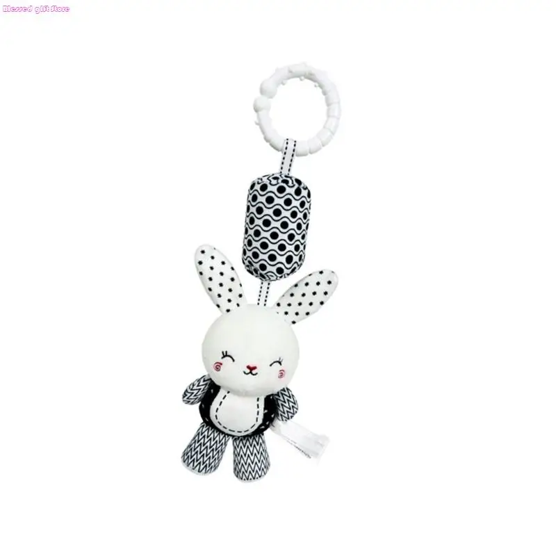 D0JC Gancio per culla per lo sviluppo infantile Nero Bianco Peluche Animale Stimolazione sensoriale uditiva Sonaglio per Decori