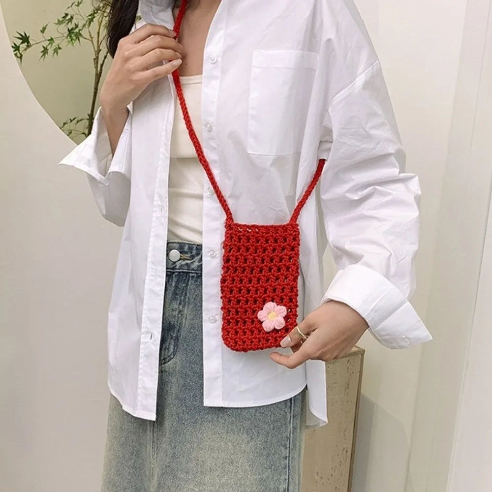 

Милая сумка-кроссбоди с цветочным узором, ажурная квадратная сумка для телефона, вязаная вручную в корейском стиле, сумка-мессенджер для улицы