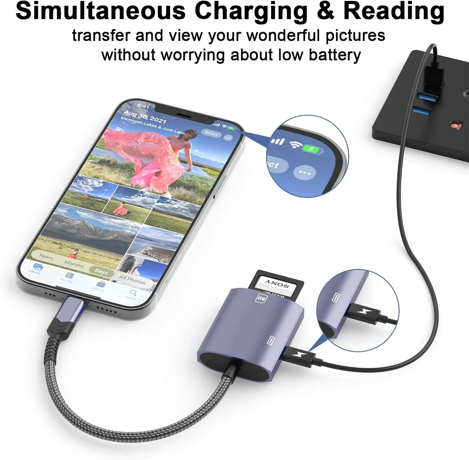 Lecteur de carte SD pour iPhone, adaptateur de carte micro mémoire avec port de charge, caméra de jeu de piste, visionneuse de carte SD, haute vitesse