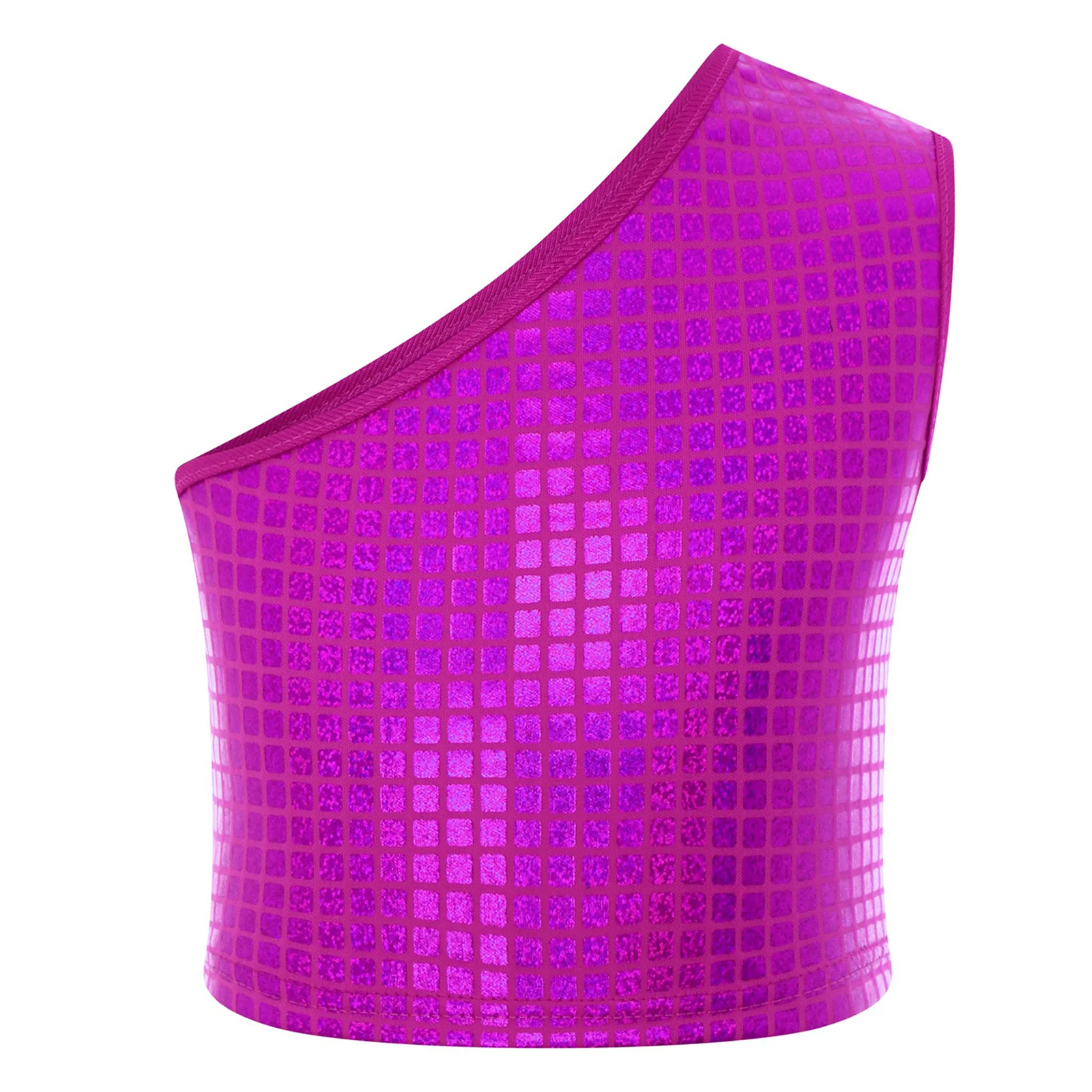 

Kids Girls Dance Stage Performance Outfit One Shoulder Metallic Plaid Vest Sleeveless Street Dance Style Crop Top Jazz Dancewear