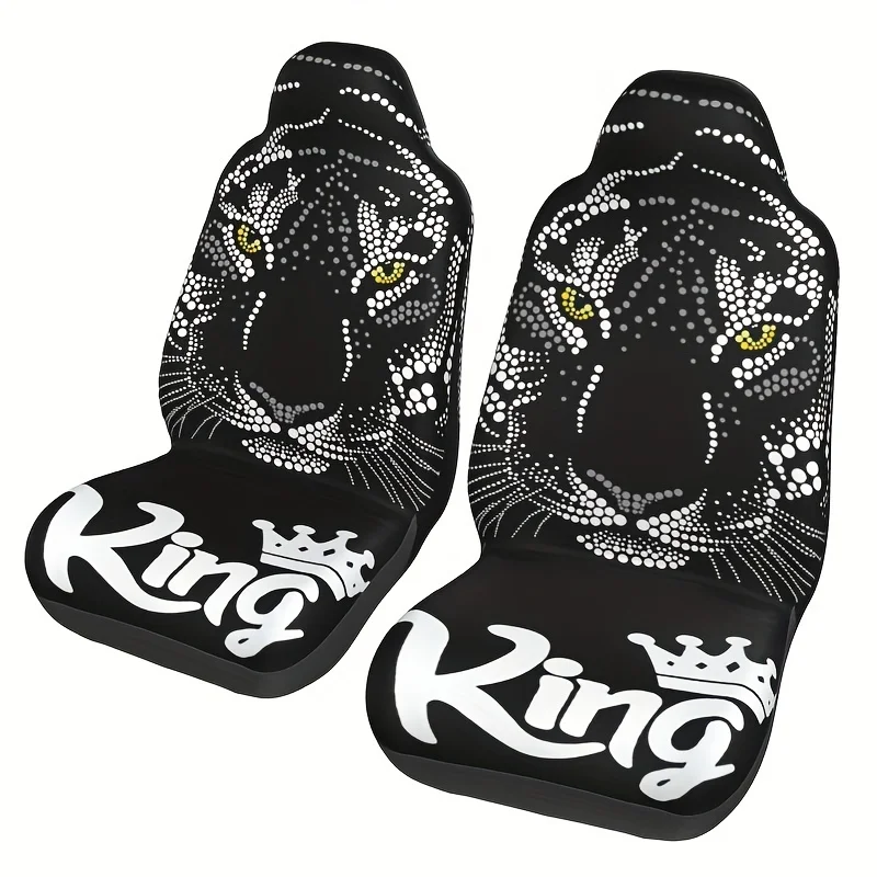 

2pcs Double Sided Printing Seat Protectors White Tiger Face Pattern of Dots on Black Background Universal Front Seat Covers