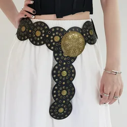 Vintage Women's Western Denim Belt High Quality Metal Hollow Ladies Trend Wide Round Cutout Waistband Personalized Round Belts