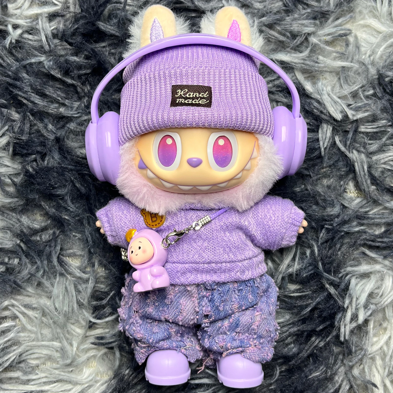 

High-Energy Purple Lucky Bundle for Labubu Clothes 1st-3rd Gen Full Costume Set Includes Hat Clothing Pants Shoes Headphones