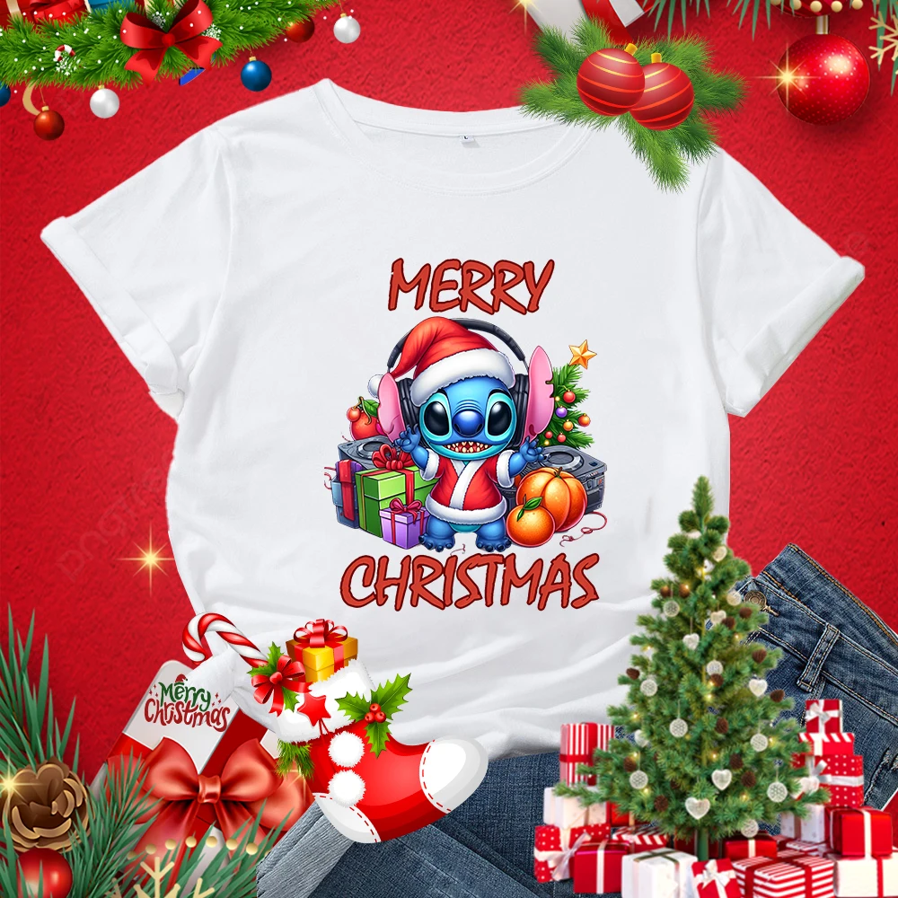 Camiseta feminina com estampa de Natal, blusa casual de manga curta, roupa solta, romance adulto, clássico