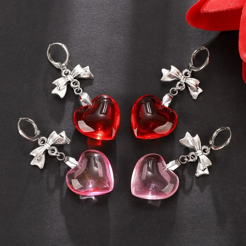 Bow Tie Love Heart Hoop Earring Y2K Gothic Love Heart Ear Charms Korean Style Transparent Red Pink Heart Shaped Earrings Girls