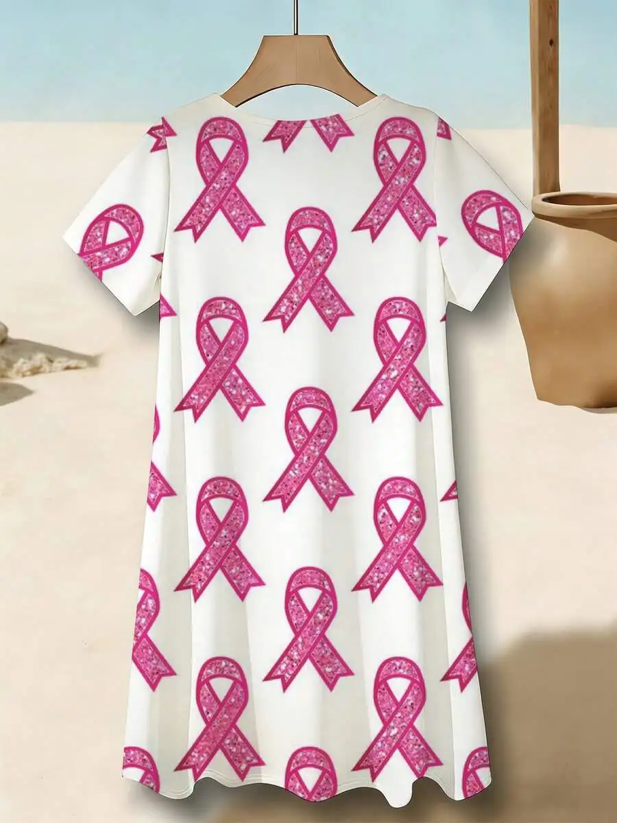 

Pink Ribbon Print Women V Neck Short Sleeve Dress Comfortable Breathable Casual Wear For Festival Leisure