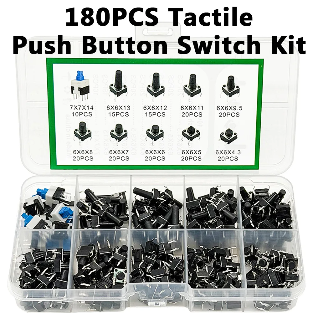 Conjunto de 180 Peças de Microinterruptores de Toque Leve 6x6 (10 Tipos) - Kit de Botões de Pressão Sortidos para Ferramentas DIY - Acessórios de Teclas Tácteis ON/OFF 6x6