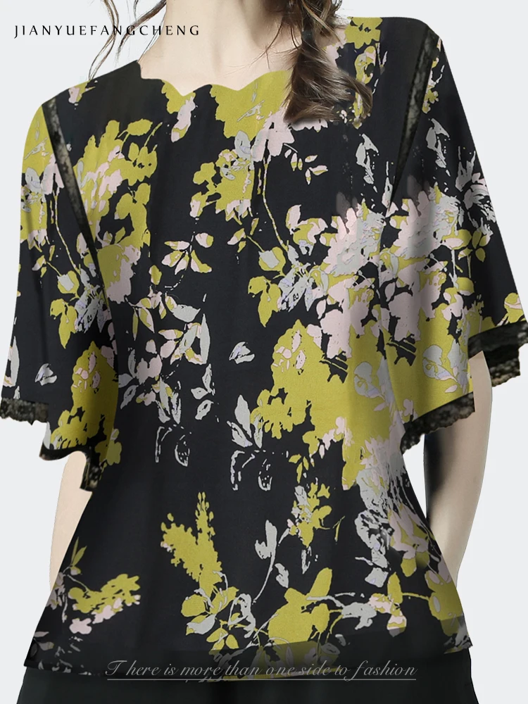 2024 Summer Women Floral Printed Chiffon Blouse Wave Neck Loose Slimming Bottom Shirt Top Short Sleeve Pullover Shirt