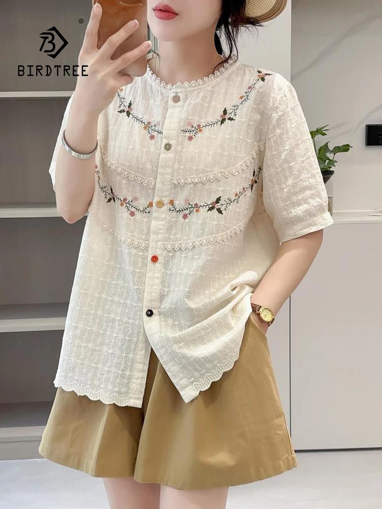 

New Spring Cotton Embroidery Shirt Women O Neck Short Sleeve Loose Top Girl Literature Commute Sweet Blouse 2024 Autumn T44501QC