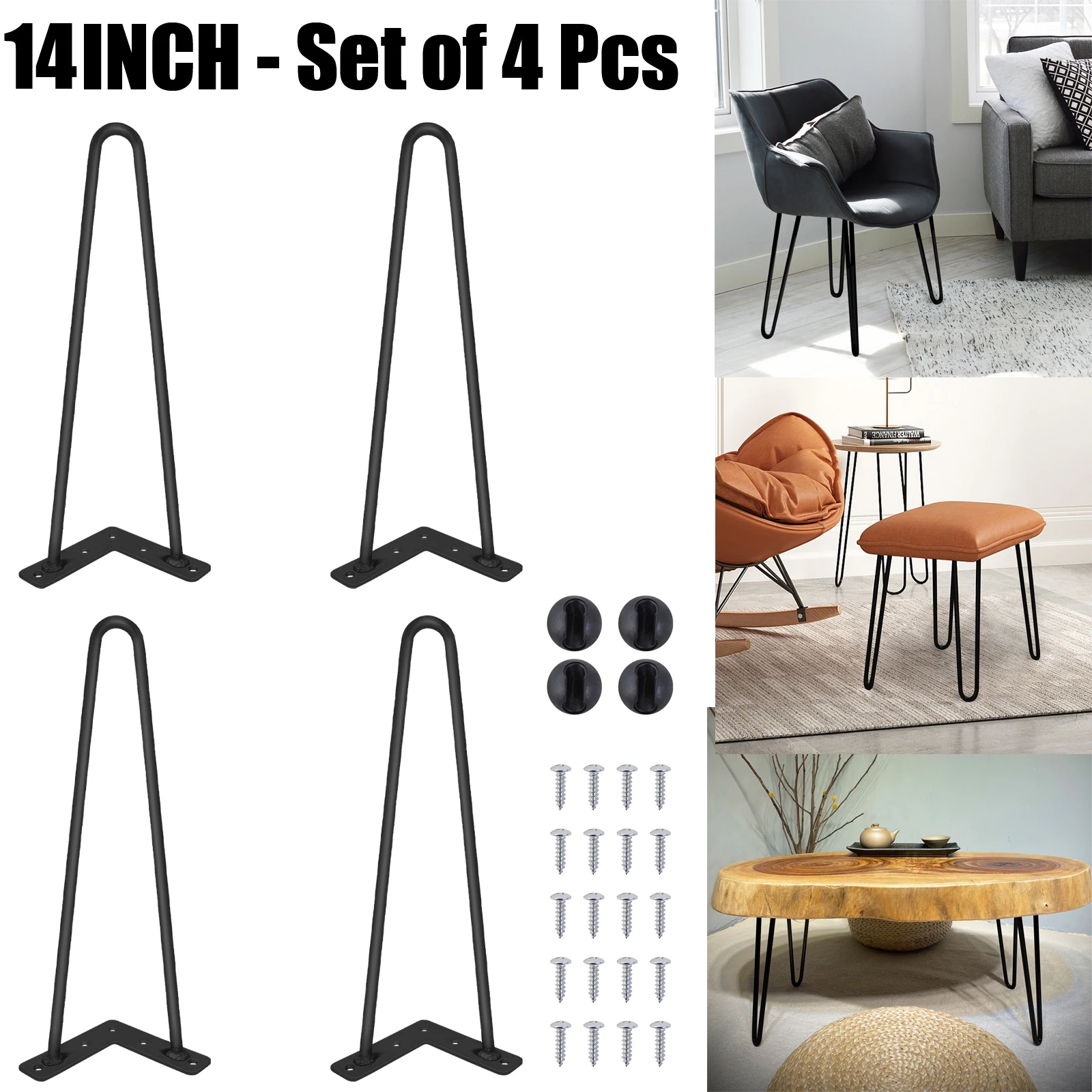 Gambe a forcina da 14 pollici, in acciaio nero, stile industriale moderno metà secolo, 35 cm, 2 aste, 10 mm, confezione da 4 pezzi, gambe per tavolo da caffè in metallo resistente per progetti fai da