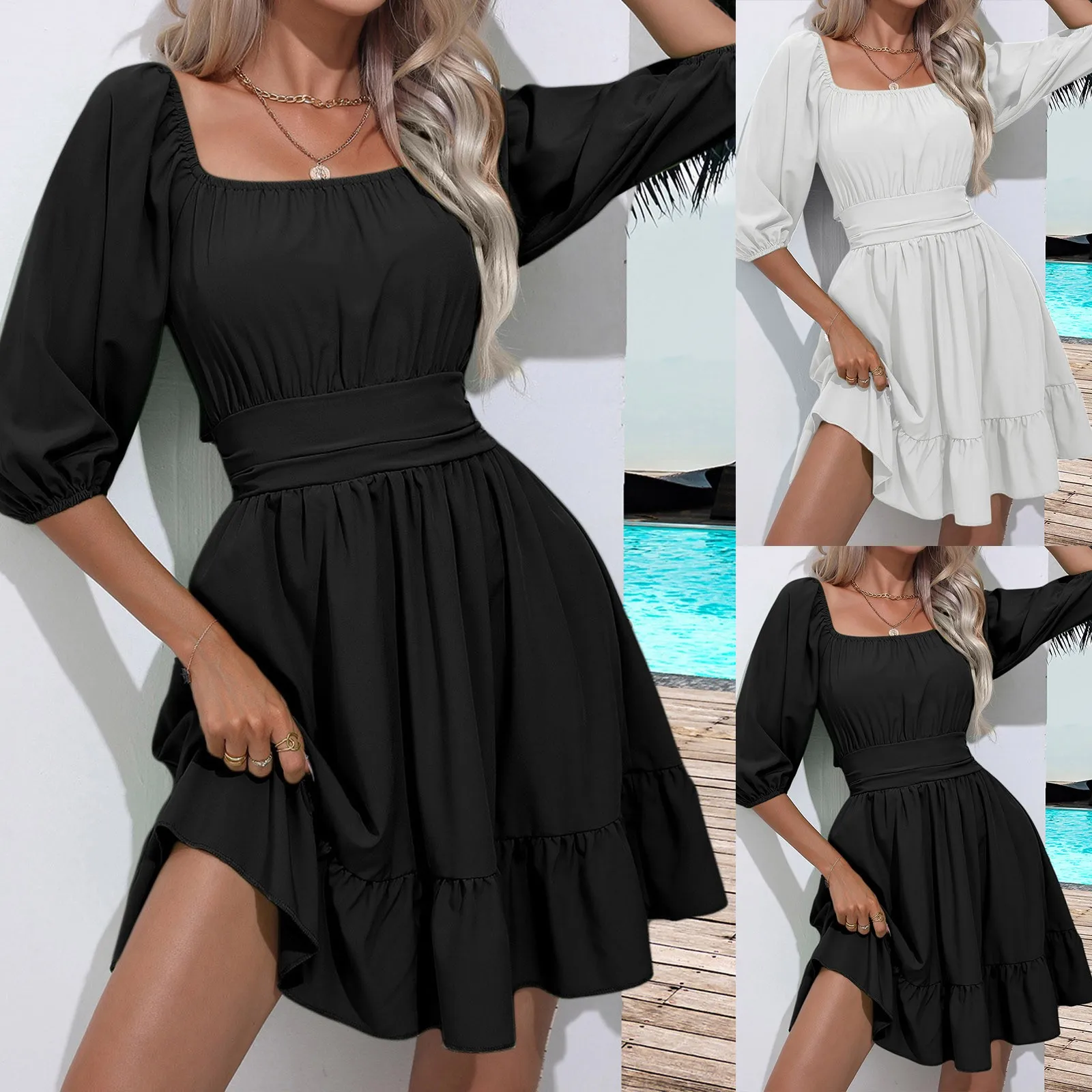 

Woman Spring Summer Beach Style Pleated Dress Lady Casual Half Puff Sleeve Solid Collar Elastic waist Mini Dress Vestidos Muejr