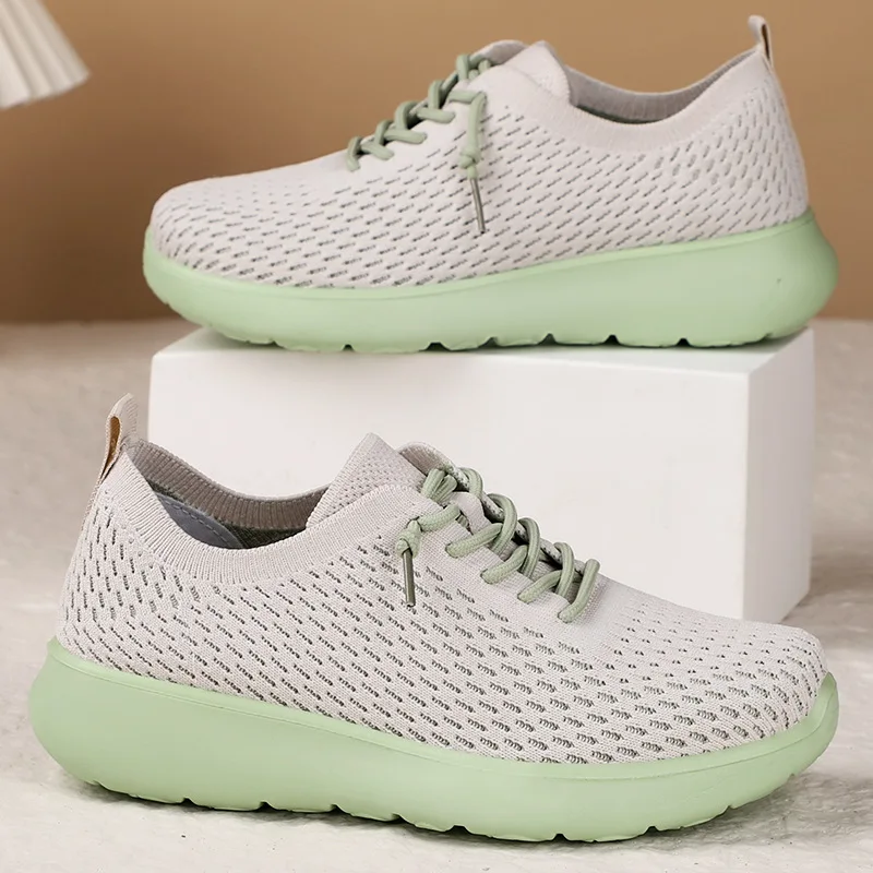 

New fresh green mesh sneakers woman autumn breathable odorless sport shoes women's laced slip on trainers youth girl wedge shoes