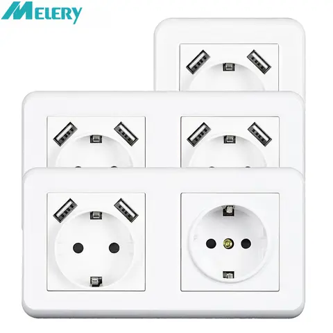 Melery USB Duvar Prizi Elektrik 1/2 Yollu Priz Güç Çıkışı 16A Gömme Montajlı AB Kare Schuko Akıllı Telefon Tablet Ofis Mutfak
