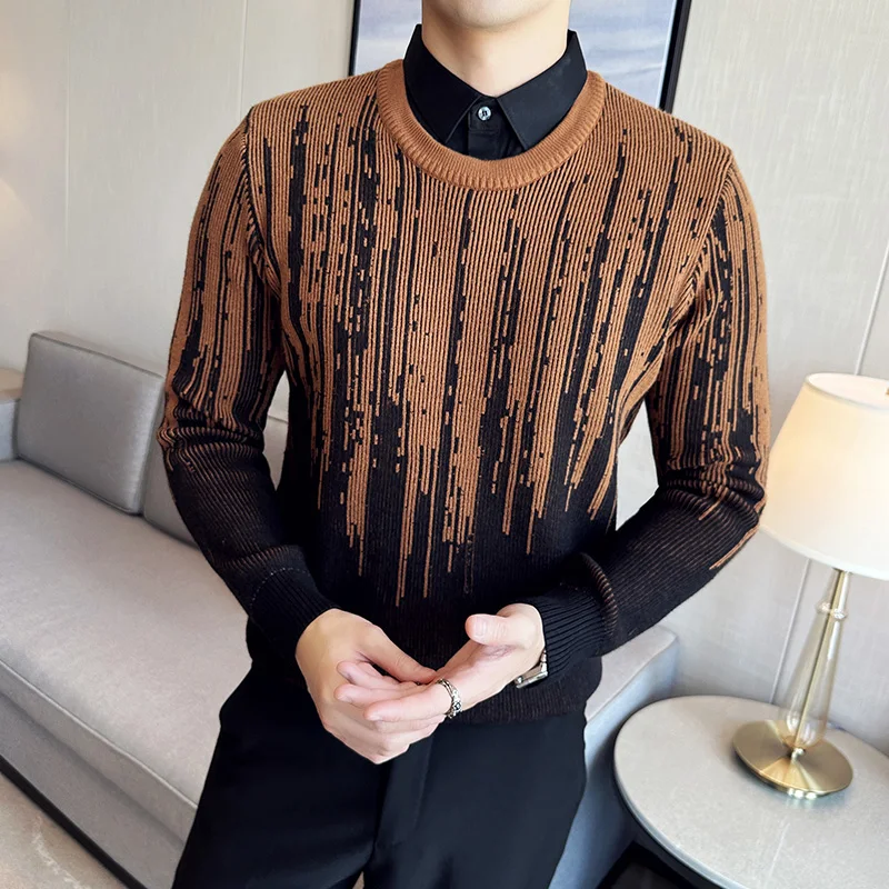 Men Pullover Fake-2Pieces Shirt Collar Knitted Sweater 2023 Autumn Winter Warm Thickened Jacquard Knitted Pullover Men Clothing