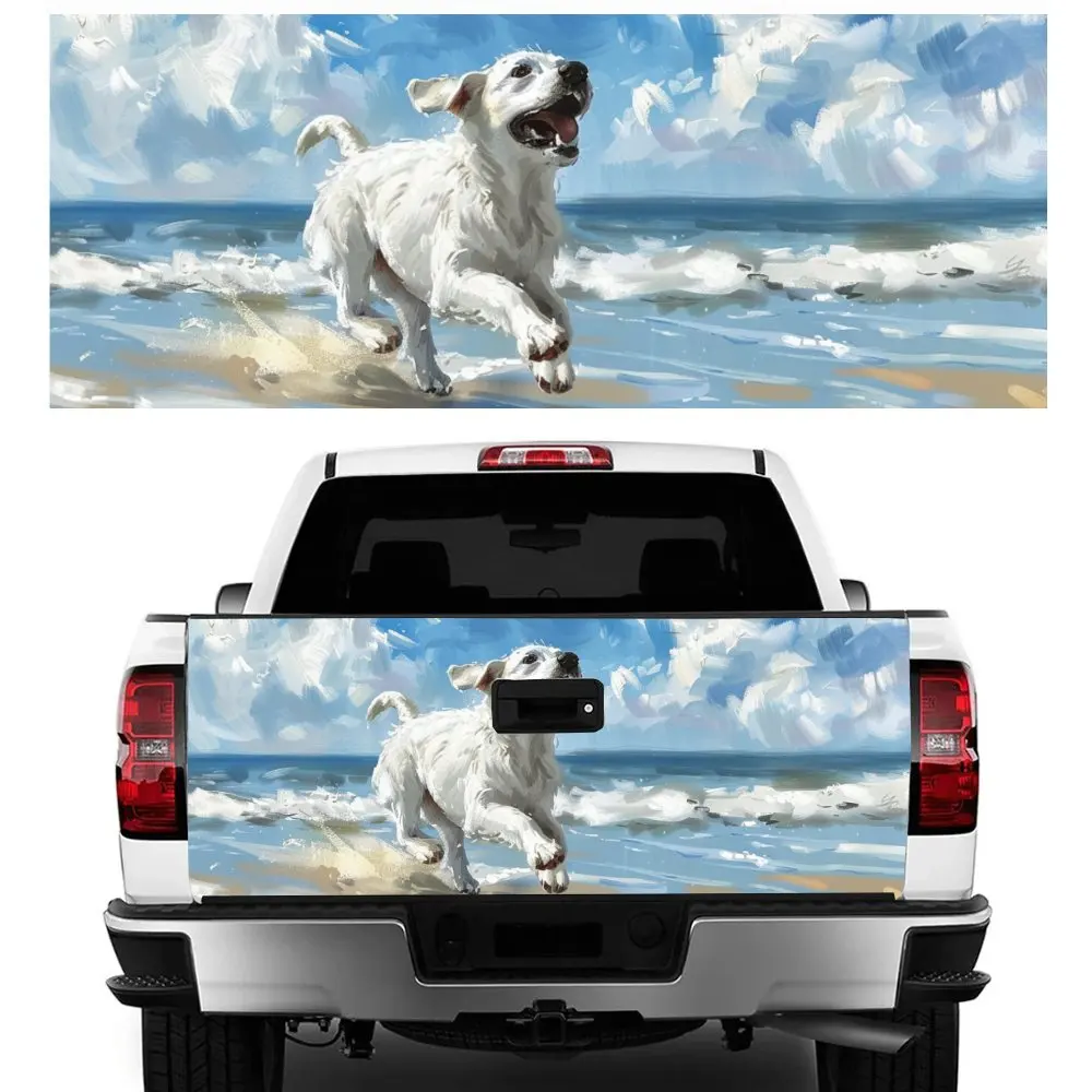 Happy Running Dog on Beach Print Car Tail Trunk Protect Vinly Decal Auto Accessories Hood Decoration Sticker for Off-road Pickup