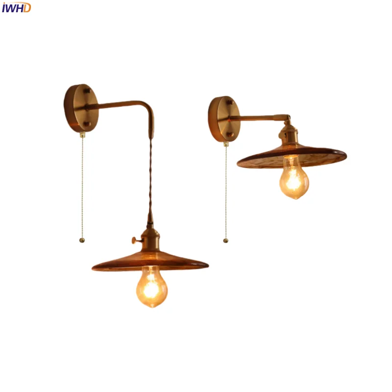 

IWHD Home Decor LED Wall Lamps For Bedroom Loft Pull Chain Copper Vintage Interior Lighting Bathroom Mirror Lights Lampara Pared