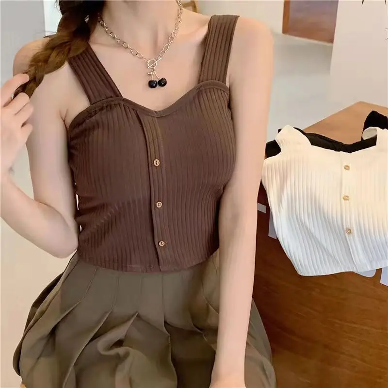 French Style Knitted Crop Top Female Summer Suspender Sexy Slim Camisole Sleeveless Crop Tops Vest Women Solid Tank Top Korean