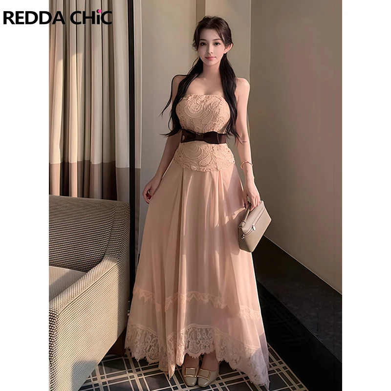 ReddaChic Lace Strapless Tube Skirt Set Women Bow Belt Floral Lace Tank Top Chiffon Flowy Maxi Long Skirt Summer Women Clothes