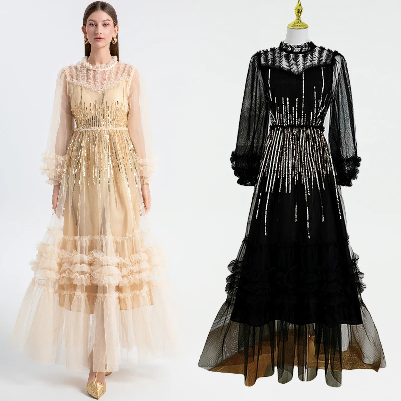 2025 French Elegant Spring Embroidery Sequins Patchwork Mesh Long Dress New Luxury Women's Ruffled Collar Puff Sleeve Party Robe