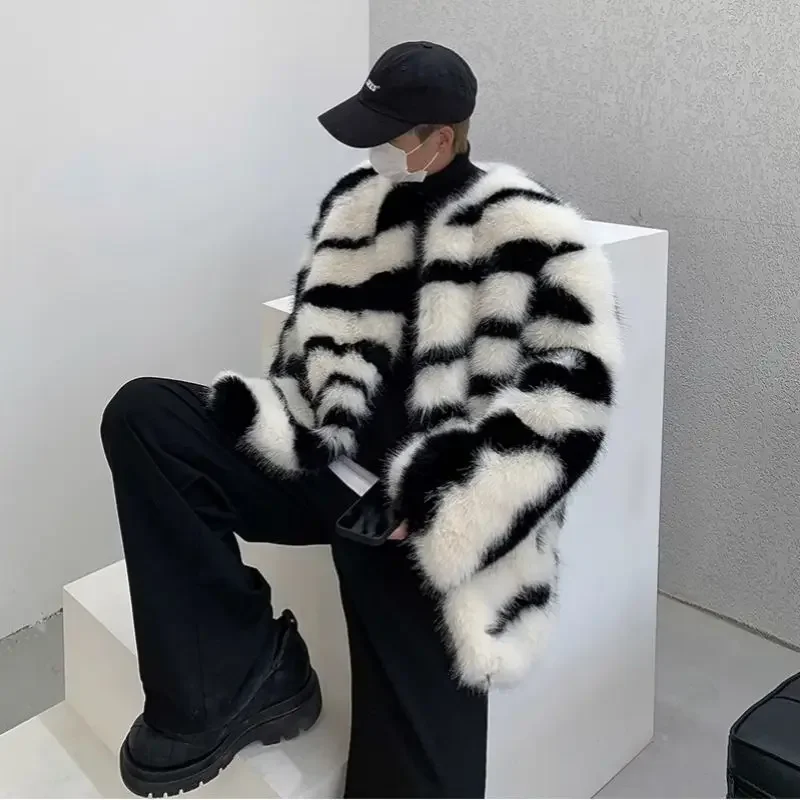 

Winter men's jackets fashion fried street zebra grain faux fur cotton clothing senior sense of thickening fur plush cotton coat