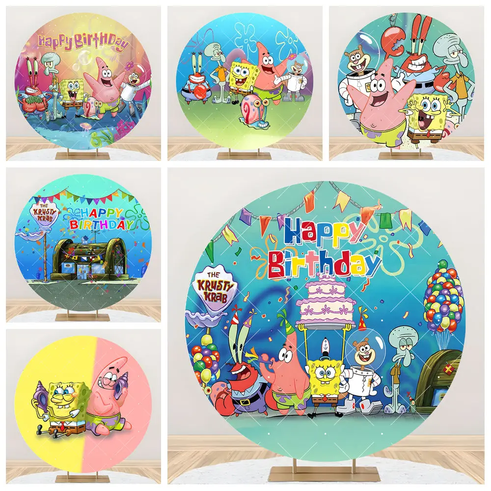 

SpongeBob SquarePants Kid Baby Birthday Party Round Backdrop Custom Cartoon Theme Child Room Photography Poster Decor Background