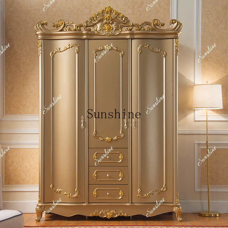 

European solid wood three-door wardrobe villa carved wardrobe FT