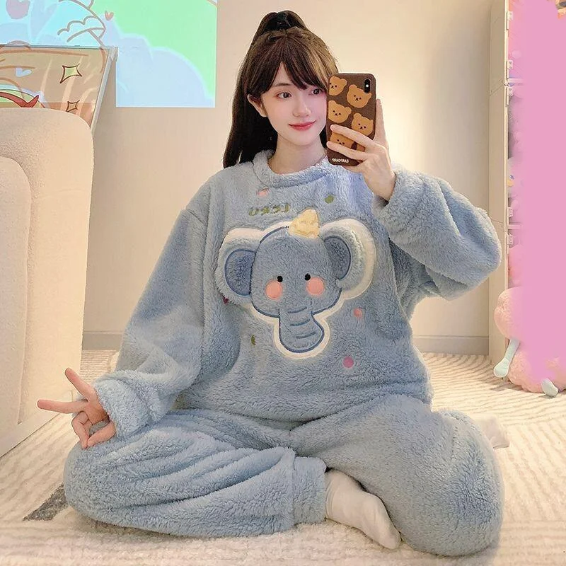 

Women's Pajamas Sleepwear Homewear Long Sleeve Pajamas Girls Coral Fleece New Autumn Winter Outwear Cute Elephant Thick Fleece