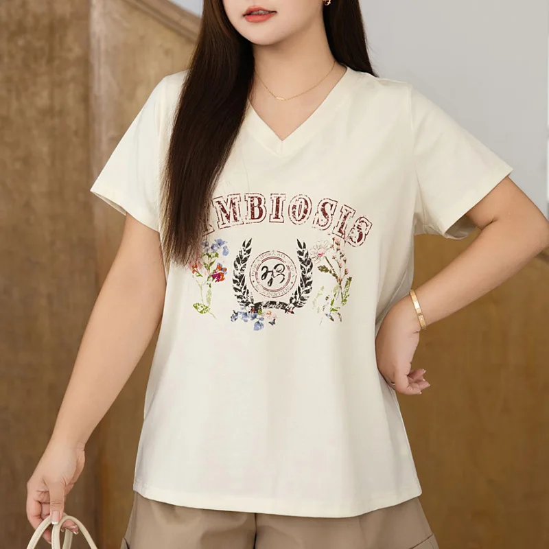 T-shirt manches courtes col en v imprimé rétro naturel grande taille femmes décontracté Premium ample Beige Vintage Floral coton fente t-shirts