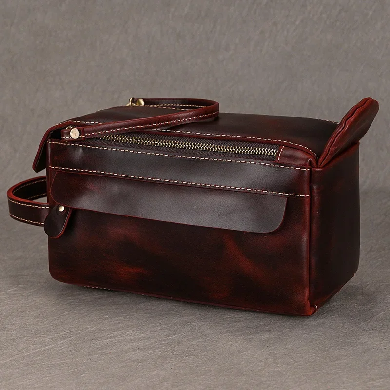 

Black Genuine Leather Comestic Bag Washing Bag Storage Bag Men Women Waterproof Clutches Bags Double Zipper Male Travel Kits