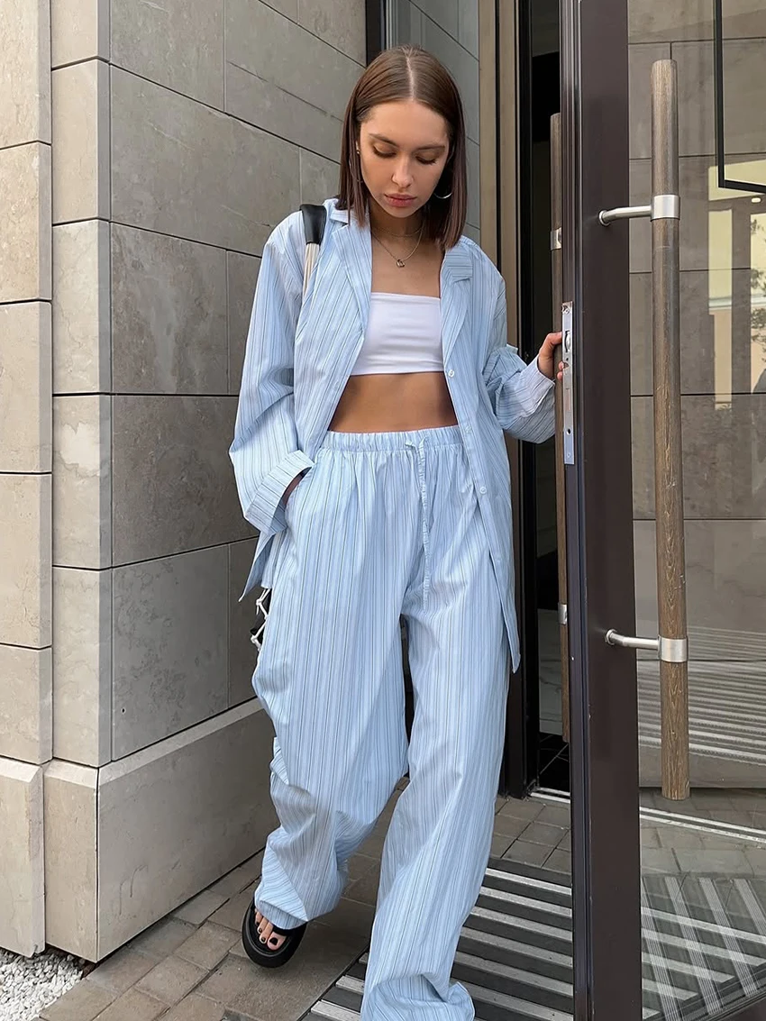 

Marthaqiqi Striped Ladies Sleepwear Suit Sexy Turn-Down Collar Pajamas Long Sleeve Nightgowns Pants Casual Female Nightwear Set