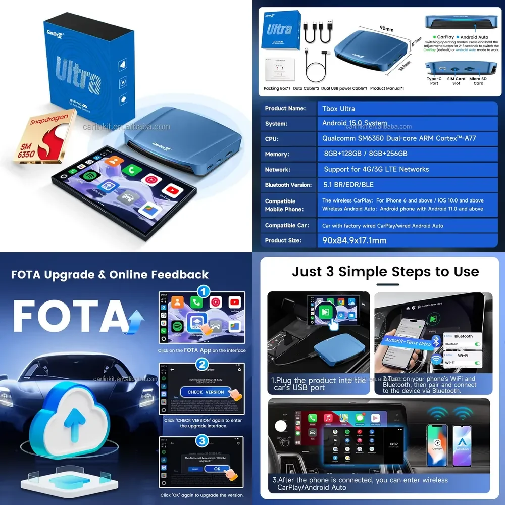 carlinkit ultra Carplay Android 15 Radio Carplay Wireless Adapter 5g 8 ram 128 Rom Car Video Ai Box Car Play Dongle for
