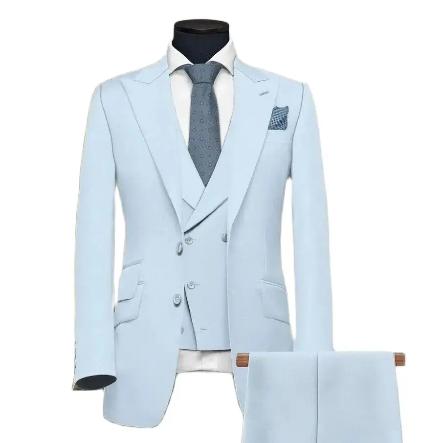 STEVDITG Elegant Sky Blue Men's Suits Flat Regular Length Peak Lapel Single Breasted Office 3 Piece Jacket Pants Vest Skinny Set