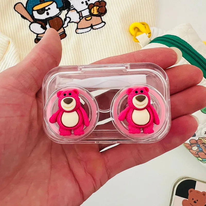 New Kawaii Disney Contact Lens Case Pink Cartoon Cute Lotso Portable Contact Lens Box with Mirror Girls Travel Gifts