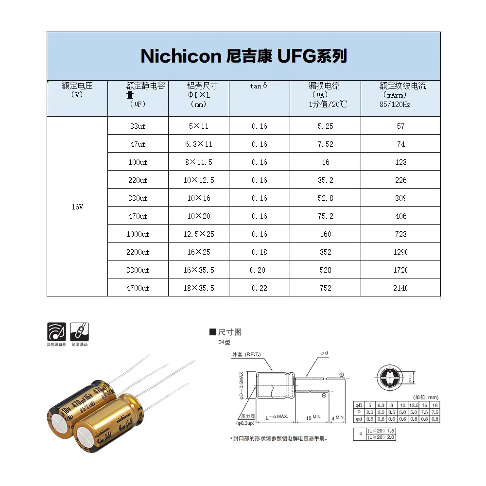Nichicon FG Series 16V Audio Electrolytic Capacitor Fine Gold Signature Japanese Manufacturer High-Quality Audio Component