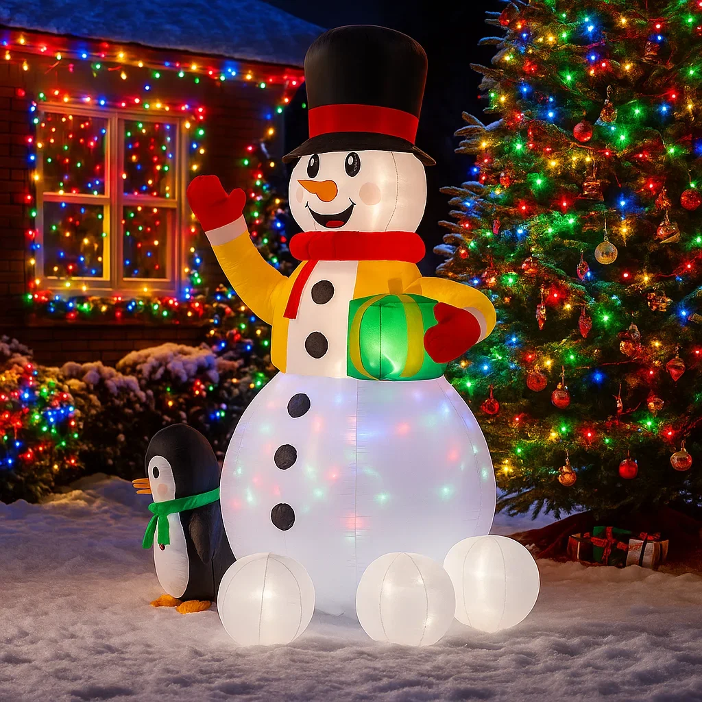 

1.8M/5.9FT Inflatable Snowman Penguin Holding Gift Lights LED Home Decorations Toys Yard Xmas Ornaments Supplies Holiday Garden