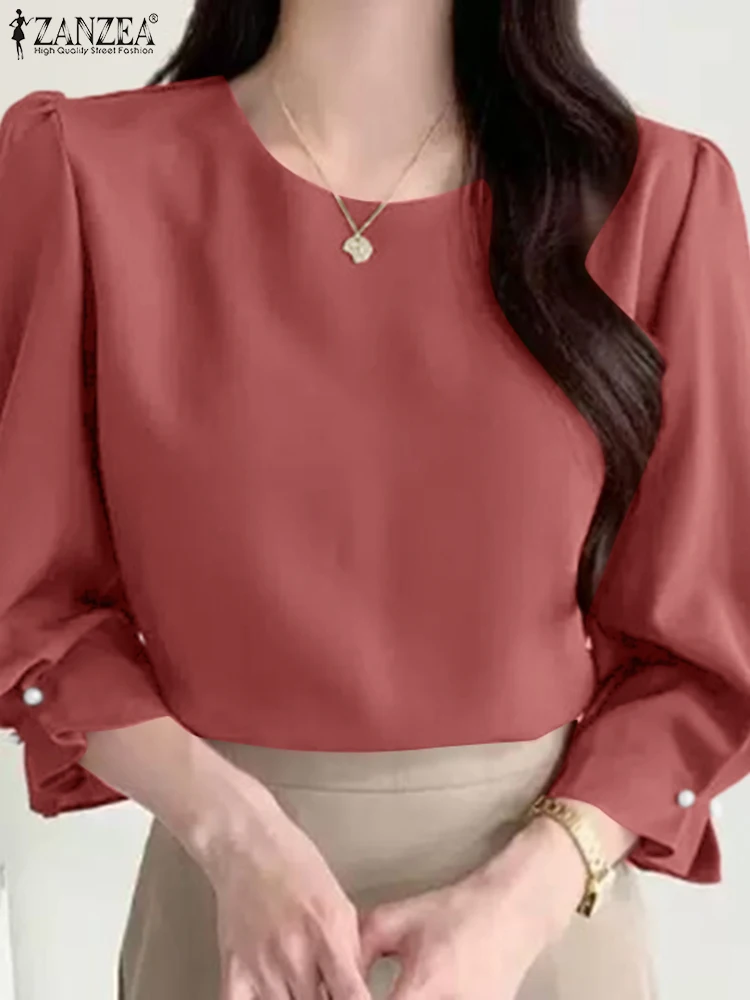 ZANZEA Camicette da donna eleganti Autunno 2025 Girocollo Manica a tre quarti Blusas Mujer Moda coreana Cinch-Cuffs Solid Top
