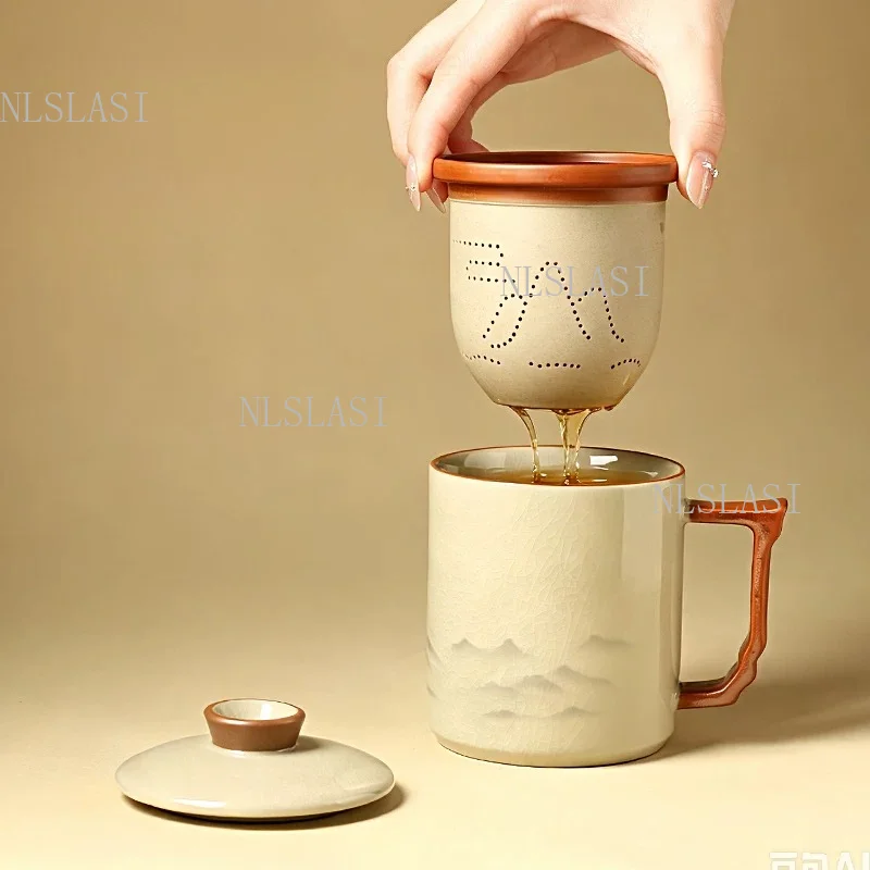 400ml Ceramic Tea Mug with Mountain Silhouette Strainer and Lid Landscape Pattern Office Cup for Loose Leaf Tea Brewing