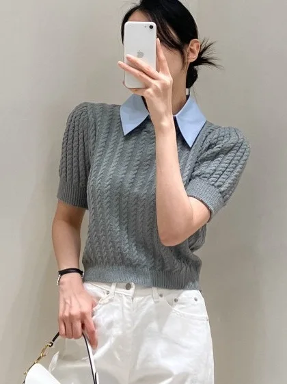 

Ретро-свитер с рукавами-фонариками, женский, с коротким рукавом, высокое качество, антивозрастной эффект, весенняя мода, повседневный стильный топ из полиэстера