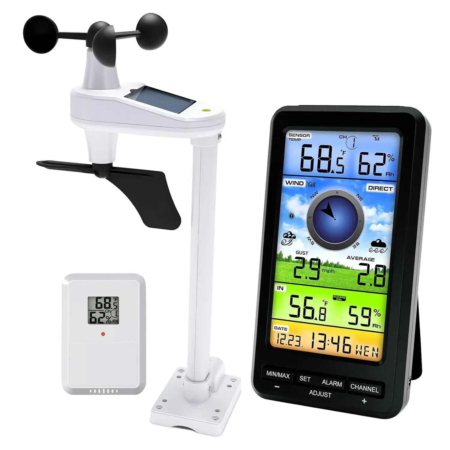 Weather Station Wireless Indoor Outdoor with Remote Sensor with Wind Speed/Direction Thermometer Hygrometer (No WiFi)