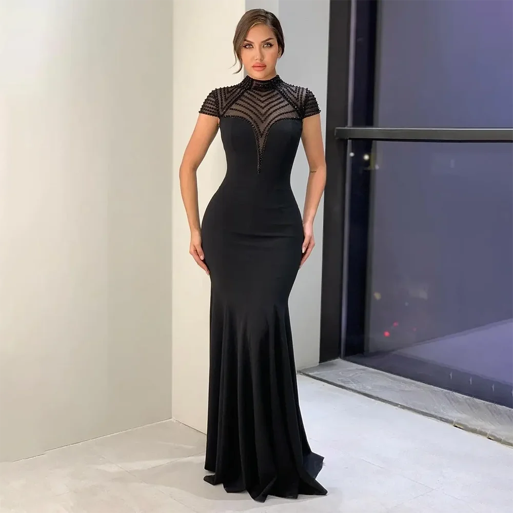 Black High Neck Evening Dress Customized Luxury Bead Saudi Arabia Mermaid Prom Gowns Floor Length Wedding Party Formal Dresses