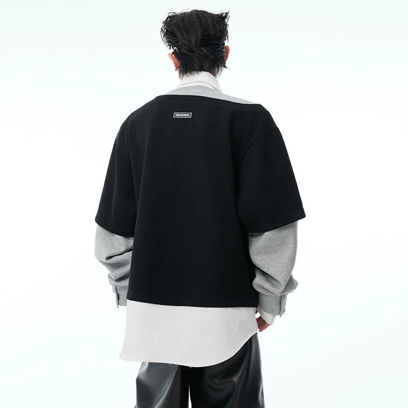 LUZHEN Street 2025 تصميم جديد متخصص رسالة المرقعة ملابس أصلية للرجال موضة كم طويل وهمية قطعتين البلوز JY4728