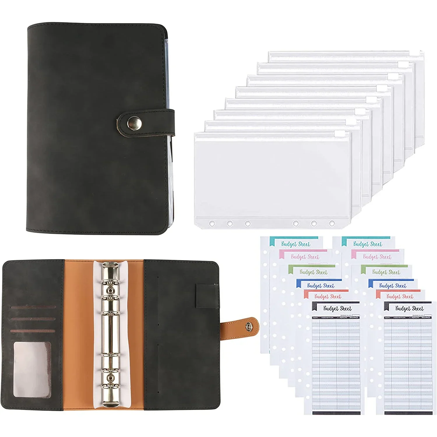 PU Leather Orçamento Binder Notebook, Caixa Envelopes System Set, bolsos, dinheiro Orçamento Saving Bill Organizer, A6