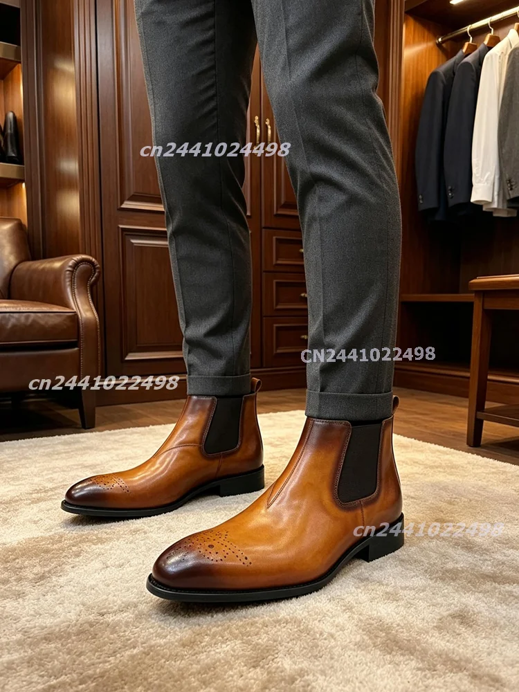 Burnished Toe Chelsea Boots Men Pointed Toe Brogue Detail Elastic Side Slip On Handmade Matte Faux Leather Formal Ankle Boots