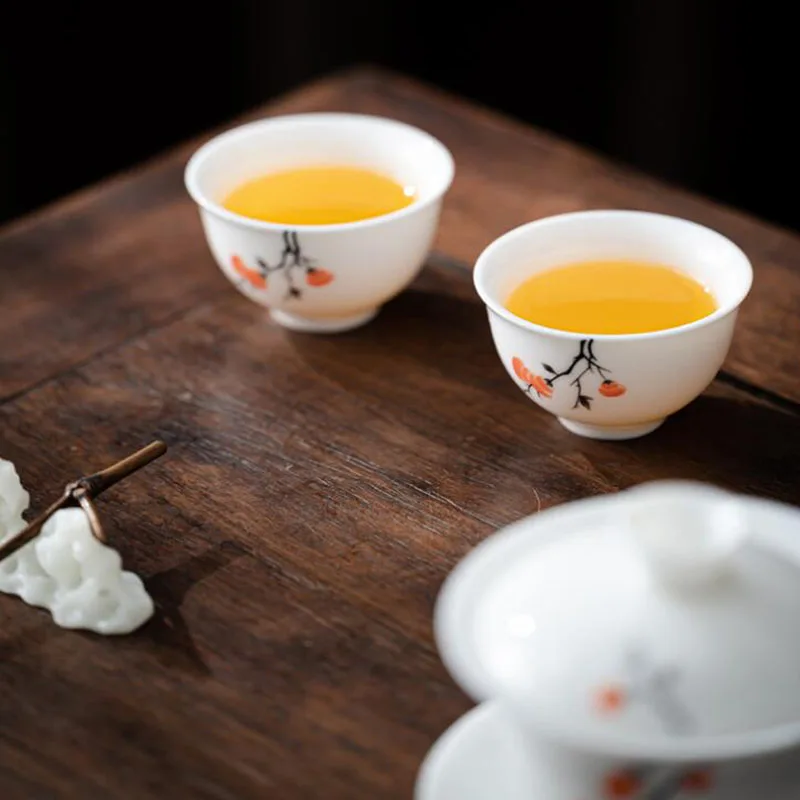 White Porcelain Persimmon Pattern Kungfu Tea Cups Sancai Gaiwan Tea Tureen Tea Bowl Household Kitchen Teaware