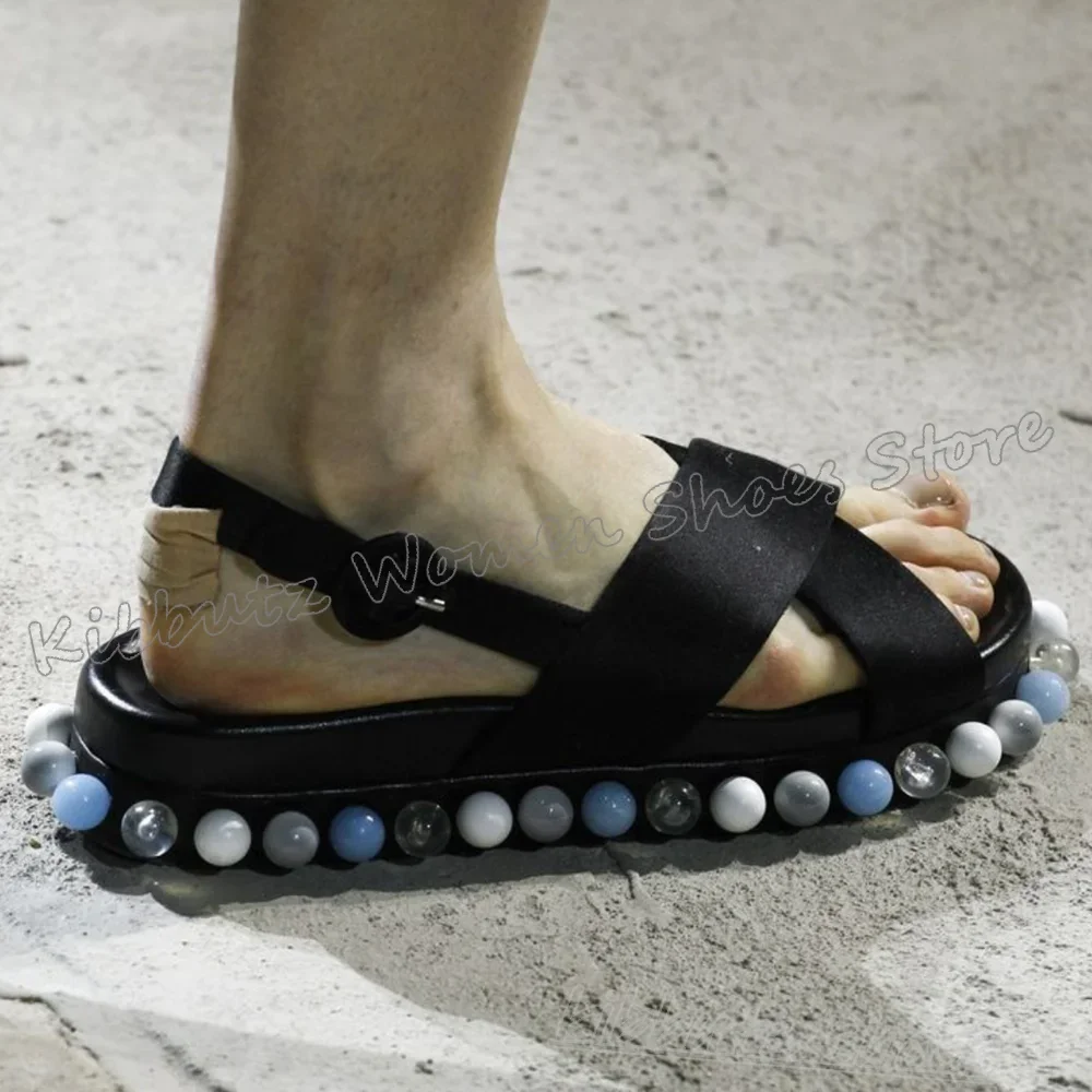 Beads Sandals Platform Shoes Thick Bottom Round Toe Cross Strap Belt Buckle Leather Fashion Runway Show Elegant Novelty Concise