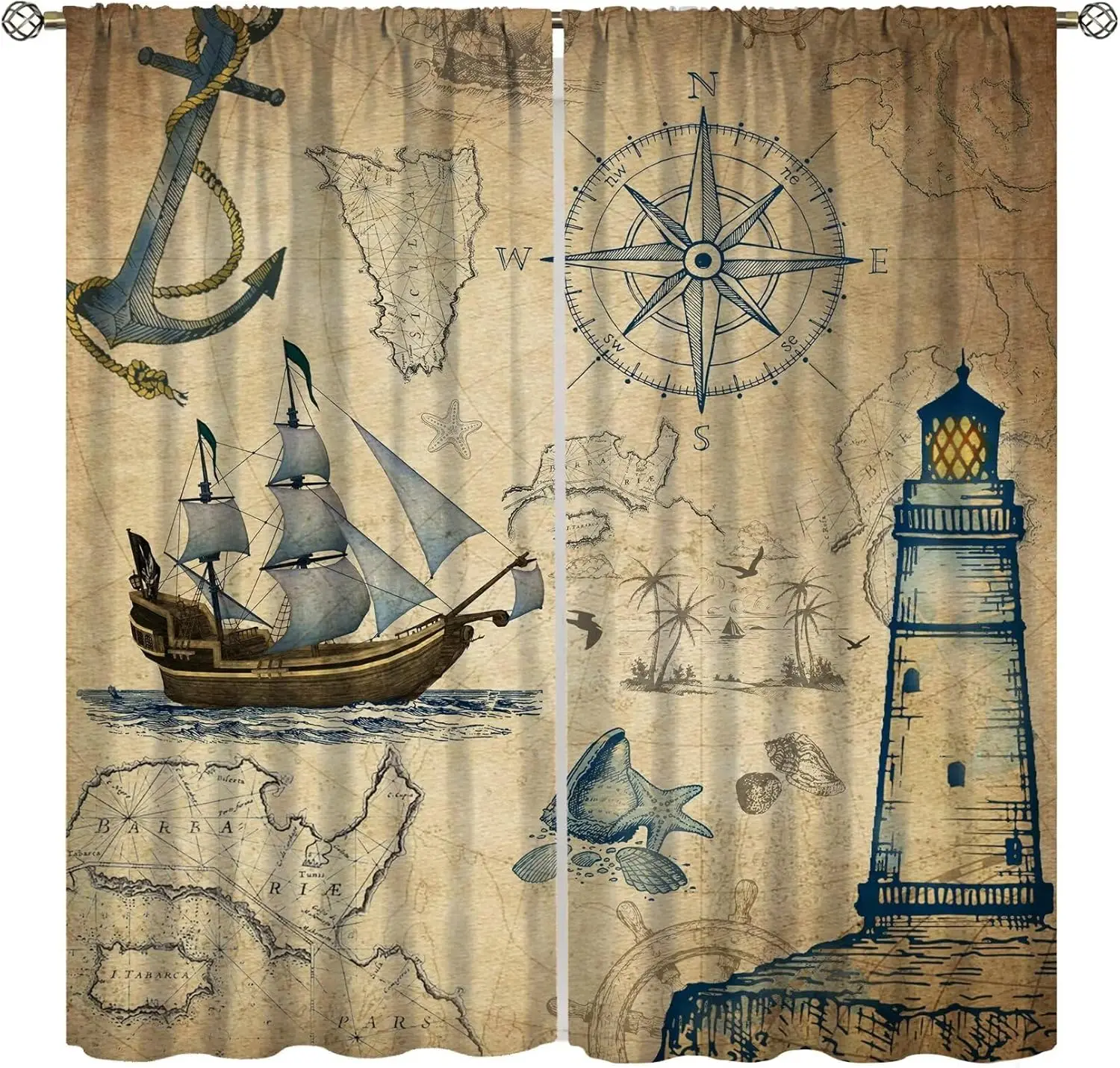 Retro Nautical Blackout Curtains for Boys, Vintage Mid Century Map Compass Lighthouse Decor Window Treatments, Rod Pocket Drapes