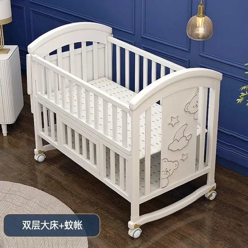 Tempat tidur bayi baru lahir, tempat tidur bayi baru lahir bahan kayu padat gaya Eropa putih dapat dilepas, ayunan multi-fungsi untuk anak baru lahir