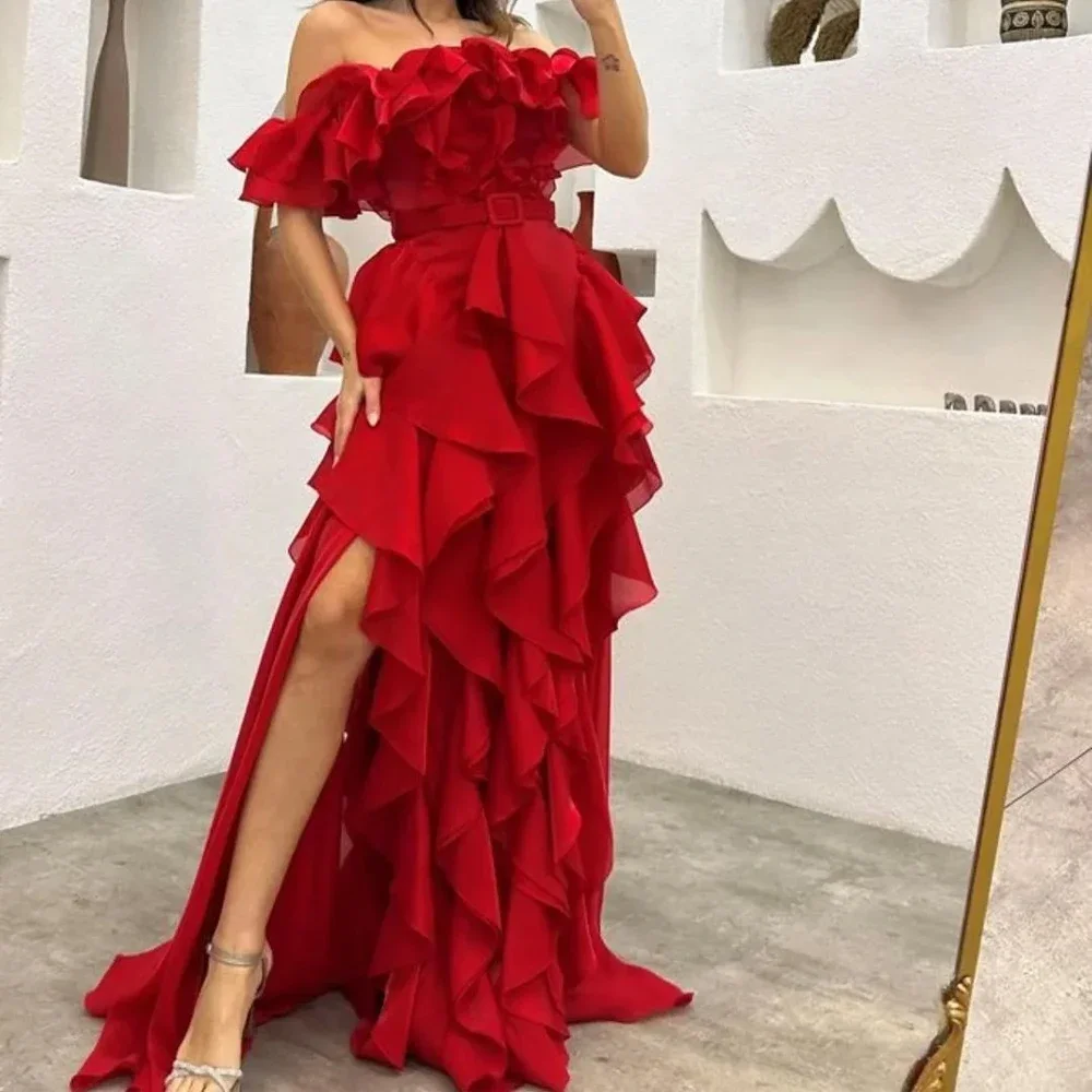 

Customized Off Shoulder Ruffles Prom Dresses 2024 A-Line With Sash Floor-length Sleeveless Formal Occasion Arabia Vestidos De