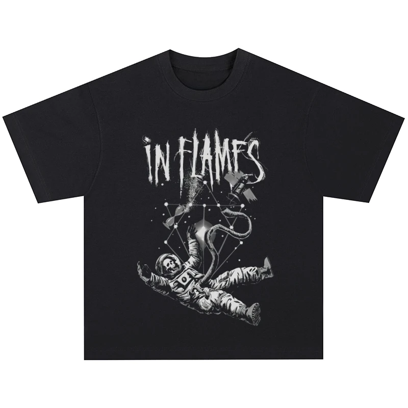 In Flames Band T-Shirt Rock American Vintage Street Loose Herren Sommer Baumwolle Casual Sport Bequem Atmungsaktiv Kurzarm